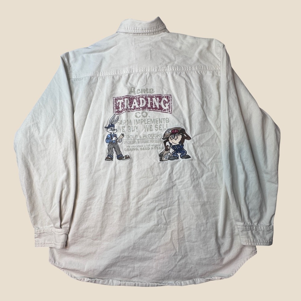 Vintage Looney Tunes Shirt Mens L Classic Wear Cream Acme Trading Bugs Bunny Taz